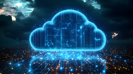 Cloud technology concept with servers connected through digital pathways, futuristic data flow, high-resolution vector design