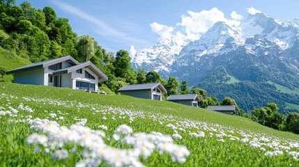 Mountain chalet homes, green meadow, Alps, spring
