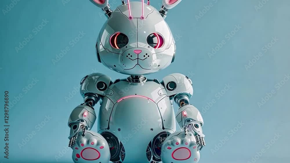 Poster digital rabbit robot for easter celebration in a futuristic setting with vibrant colors and intricat