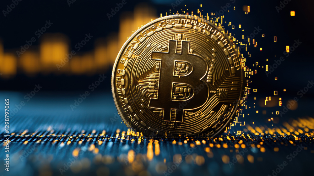 Poster bitcoin crash, crypto price drop sell-off. golden bitcoin on a digital background with abstract fina