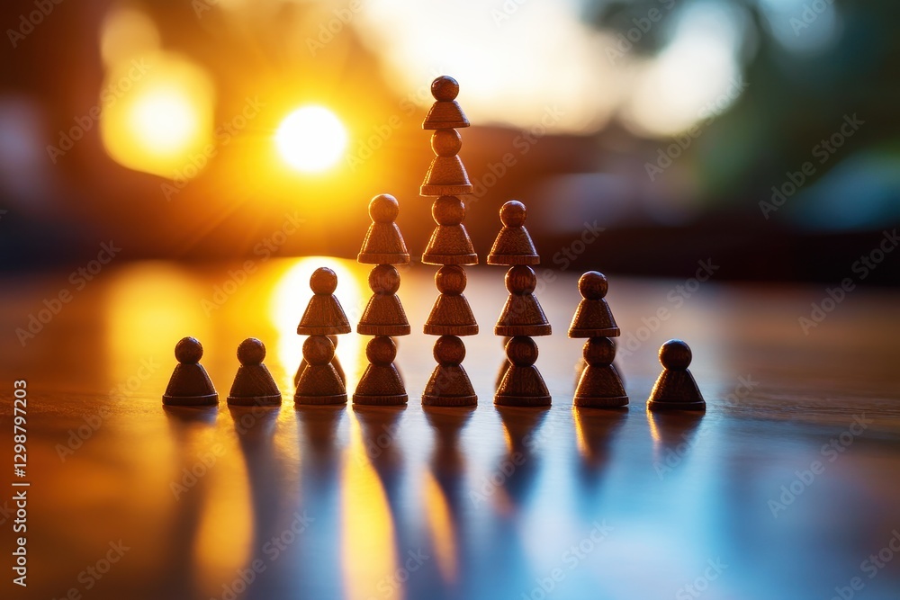 Poster wooden game pieces arranged in a pyramid shape on a table with sunset lighting creating a warm and i