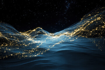 Fototapeta premium Golden particles flowing over dark blue abstract landscape under starry sky