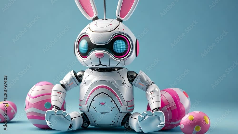 Poster digital robot bunny with colorful eggs celebrates easter in a futuristic setting