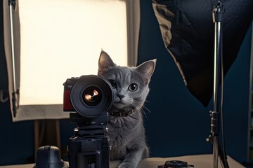 Curious kitty captures the world through a lens in a cozy studio atmosphere. Generative AI