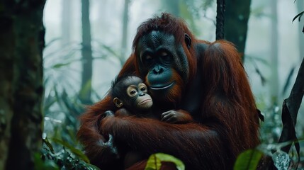 Naklejka premium Tender Moment Between Orangutan Mother and Baby in Lush Jungle Environment