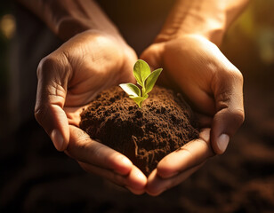 Nurturing Growth and Hope: Hands Cradling a Vibrant Seedling in Rich Soil, Symbolizing Sustainability and New Beginnings