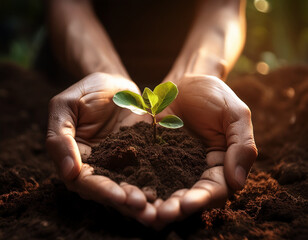 Nurturing Growth and Hope: Hands Cradling a Vibrant Seedling in Rich Soil, Symbolizing Sustainability and New Beginnings