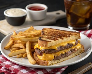 Delicious Patty Melt Sandwich with Crispy Fries and Dipping Sauce