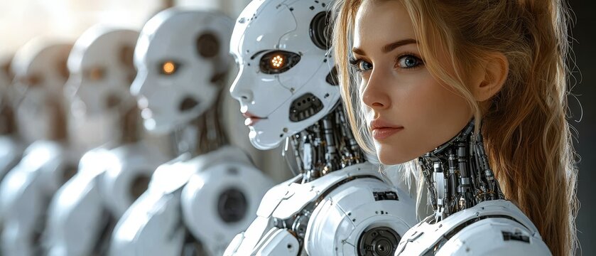 Businesswoman discussing robotic advantages modern office professional presentation tech environment engaging perspective