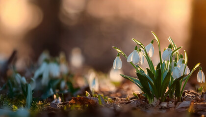 Delicate Snowdrops in the Soft Glow of Morning Light: A Serene Symbol of Early Spring Renewal