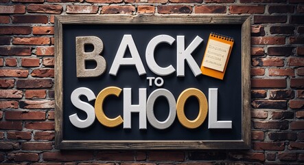 Fototapeta premium back to school lettering on a signage in brick wall dark background