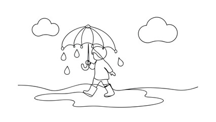 Child Walking in Rain with Umbrella, Line Art Drawing
