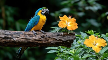 Obraz premium Vibrant Blue and Yellow Parrot Perched Near Bright Orange Hibiscus Flowers