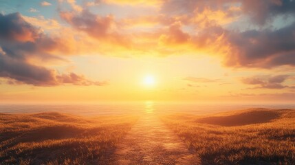 Fototapeta premium A sunrise over a path leading into the horizon, representing endless possibilities through a growth mindset.