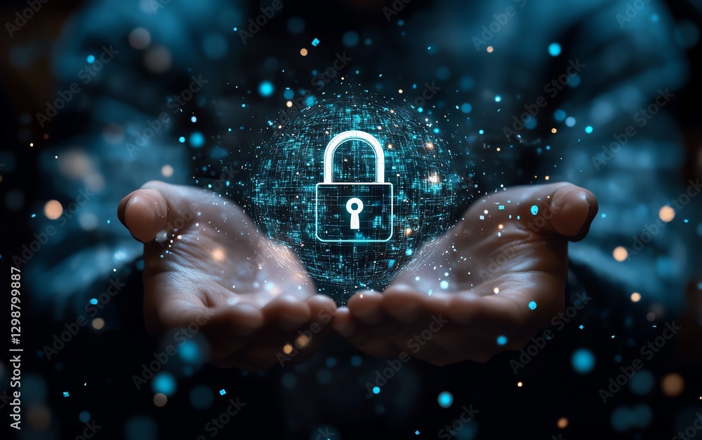 Poster tech expert displaying a glowing lock icon