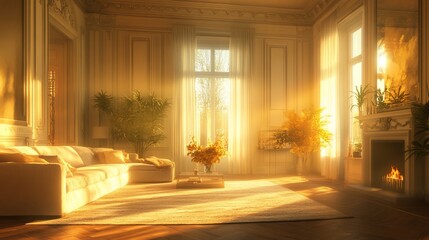 Golden Sunlight Illuminates Elegant Living Room