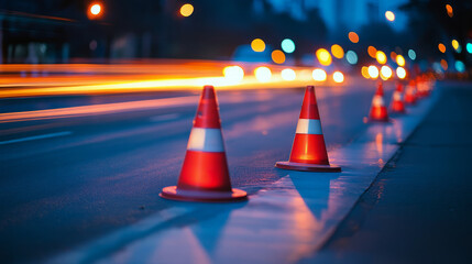 Traffic alert road construction in urban area safety measures nighttime cityscape motion blur effects
