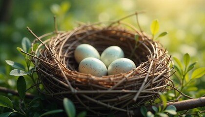 Obraz premium Nest with speckled eggs resting gently in lush greenery, illuminated by soft sunlight copy space
