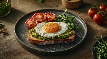 Delicious avocado toast with egg and salmon for breakfast in a cozy kitchen setting