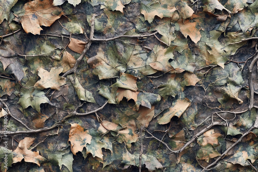 Poster camouflage pattern with autumn leaves and branches blending into military background during fall tim