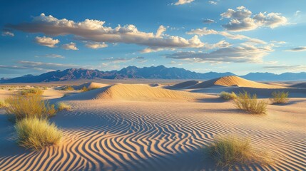 Expansive Desert Landscape with Sparse Vegetation and Majestic Mountains Creating a Tranquil and Breathtaking Natural Scene under Clear Blue Sky