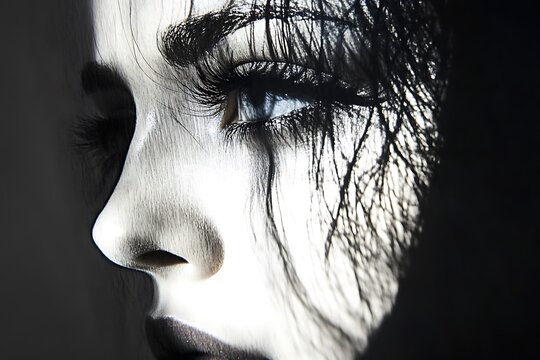 Dramatic black and white close-up portrait of a woman's face with intricate shadow detail. - Powered by Adobe