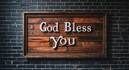 Obraz premium God bless you lettering on a signage in brick wall dark background