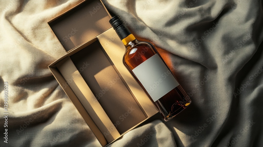 Poster wine bottle with blank label in open box on fabric.