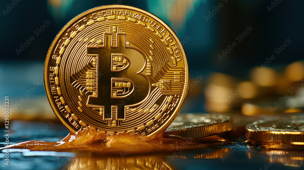 Poster bitcoin crash, crypto price drop sell-off. golden bitcoin coin placed on a reflective surface with m