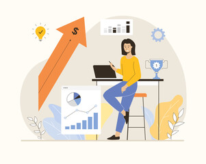 Sales performance concept. Profit analysis, increase more purchases, income growth. Flat vector illustration.	
