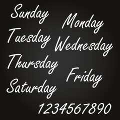 A school board with the names of all the days of the week and numbers from 0 to 9 written on it in handwriting. Flat vector illustration isolated on white background.