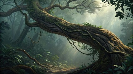 Obraz premium a mystical forest scene with a large tree covered in moss and vines, casting a magical ambiance