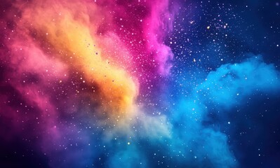 Fototapeta premium Stunning cosmic nebula bursting with vibrant colors of pink, orange, blue and purple, set against a backdrop full of shimmering stars and cosmic dust