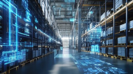 Futuristic Warehouse with Digital Technology Visualization