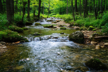River flowing through lush green forest in springtime