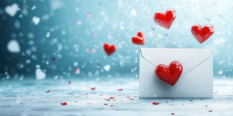 A white envelope with red hearts emerging, symbolizing love and affection against a dreamy blue background.