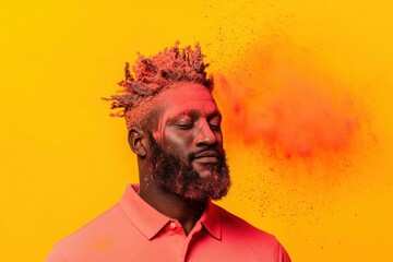 Fototapeta premium Stylish man with colorful powdered hair and beard against a vibrant yellow background, capturing unique emotions of joy and creativity in a modern artistic concept