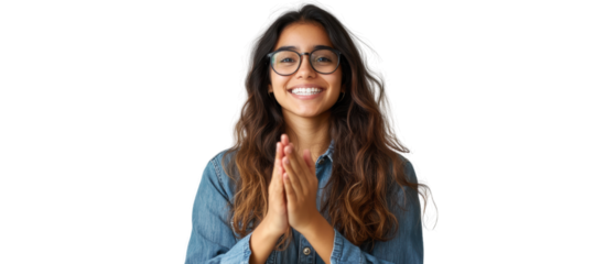 Smiling young woman with long hair and glasses showing gratitude and appreciation, isolated on white background, positive emotions and lifestyle concept.