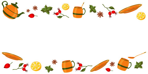Set of orange teaware with green stripes. Spices, herbs and berries for tea party. Clip art. Digital illustration. Image on white background. Frame, border for cards, invitations