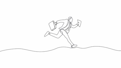 Hand-Drawn One-Line Animation of a Businessman Running, Minimalist Line Art, Continuous Outline Drawing, Concept of Drive, Determination, and Career Progress.