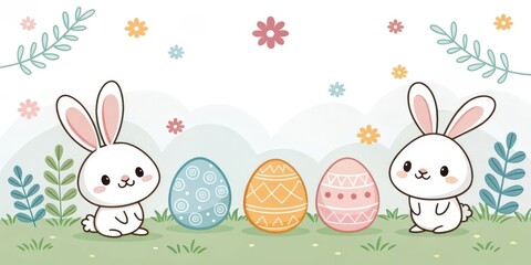 two cute cartoon bunnies sitting with beautifully decorated easter eggs amidst flowers and plants, capturing the spirit of the spring