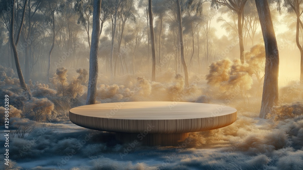 Poster A minimalist wooden table surrounded by misty trees, illuminated by soft golden light, creating a tranquil atmosphere.