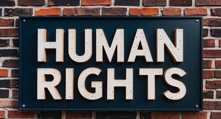 Obraz premium human rights lettering on a signage in brick wall dark background