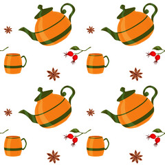 Seamless pattern. Orange teapot and teacup with green stripe. Set of spices for tea drinking from star anise and rosehip sprig with berries and leaves. Digital image on white background