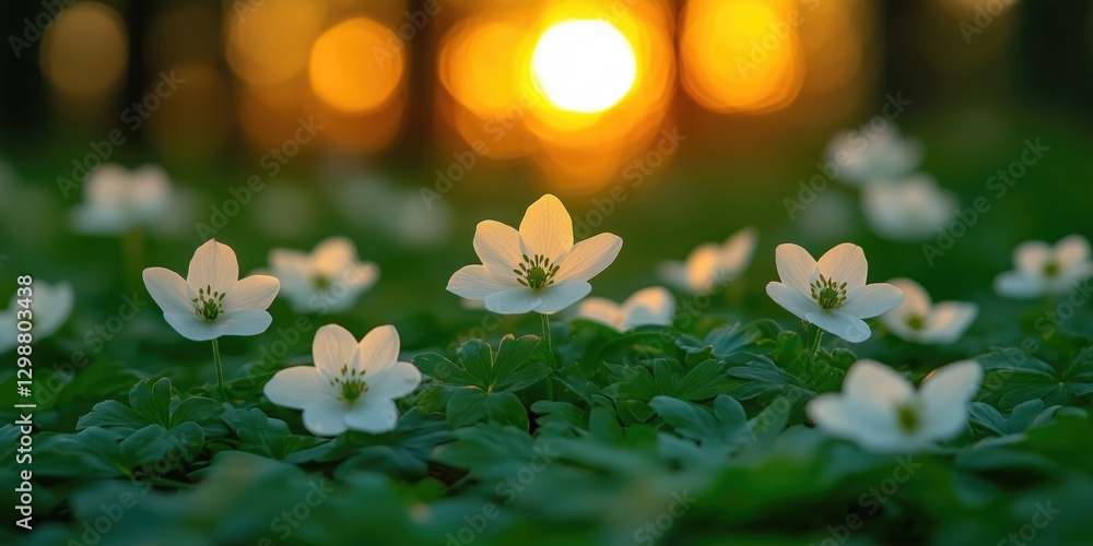 Wall mural delicate white flowers blooming in a lush green field, illuminated by the warm glow of the setting s