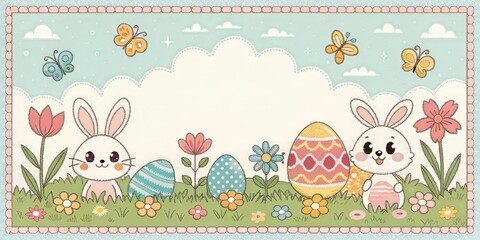 Easter bunnies and eggs with flowers and butterflies create a colorful spring scene