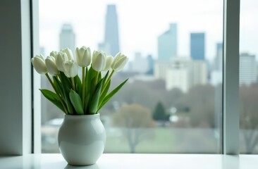 White tulips in a vase on the window. Spring flowers
