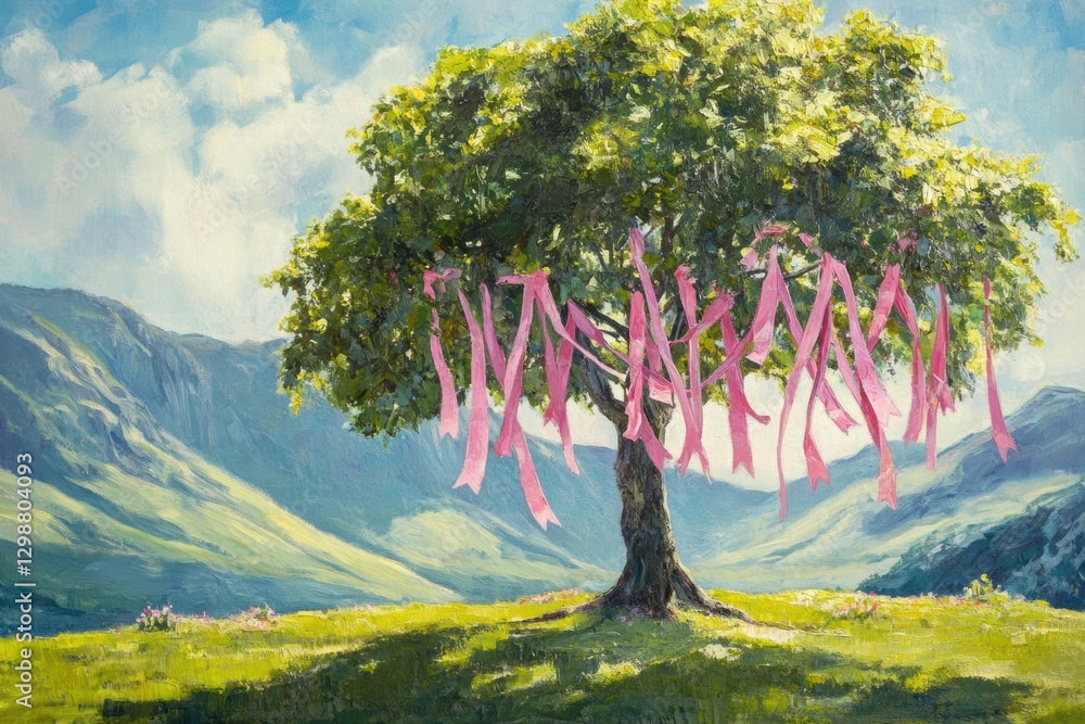 Poster beautiful tree adorned with pink ribbons in a serene landscape with mountains and clouds during dayl