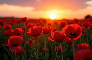 Poppy field at sunset . Summer landscape . Flowers background