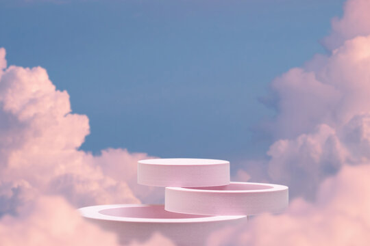 Minimal geometry podium with blue sky pink white cloud background.product placement pedestal modern stand display,surreal paradise dreamy concept.